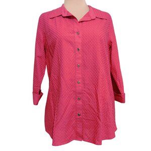 Anne Klein L Pink Textured Button Up Shirt Collared 3/4 Sleeve Classic Cotton